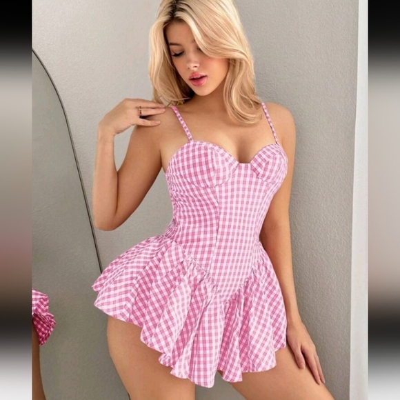 Mini Dress With Strappy Gingham Print, Spaghetti Strap Bustier Corset W - Picture 4 of 4